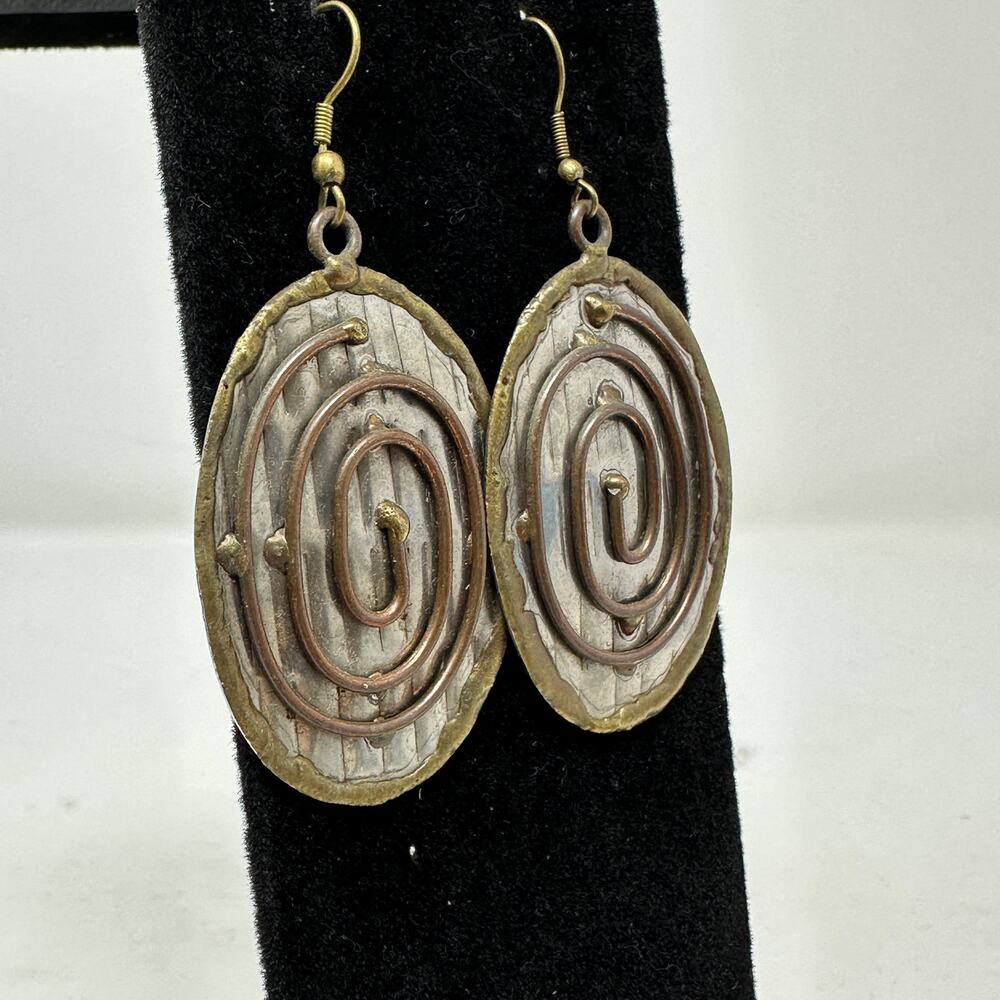 Vintage Silver Tone Metal + Brass Spiral Drop Earrings Ovals - Picture 2 of 4